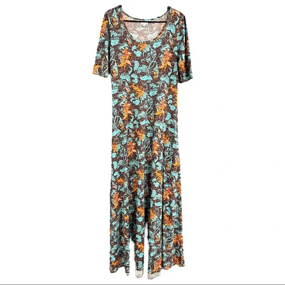 Lularoe Dresses | Lularoe Floral Leaf Orange Turquoise And Brown Maxi Dress Size Large | Color: Blue/Brown | Size: L | Snbolin25's Closet